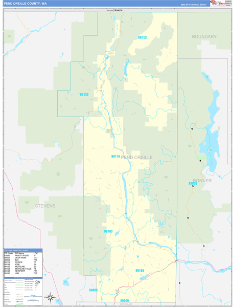 Pend Oreille County Wall Map Basic Style